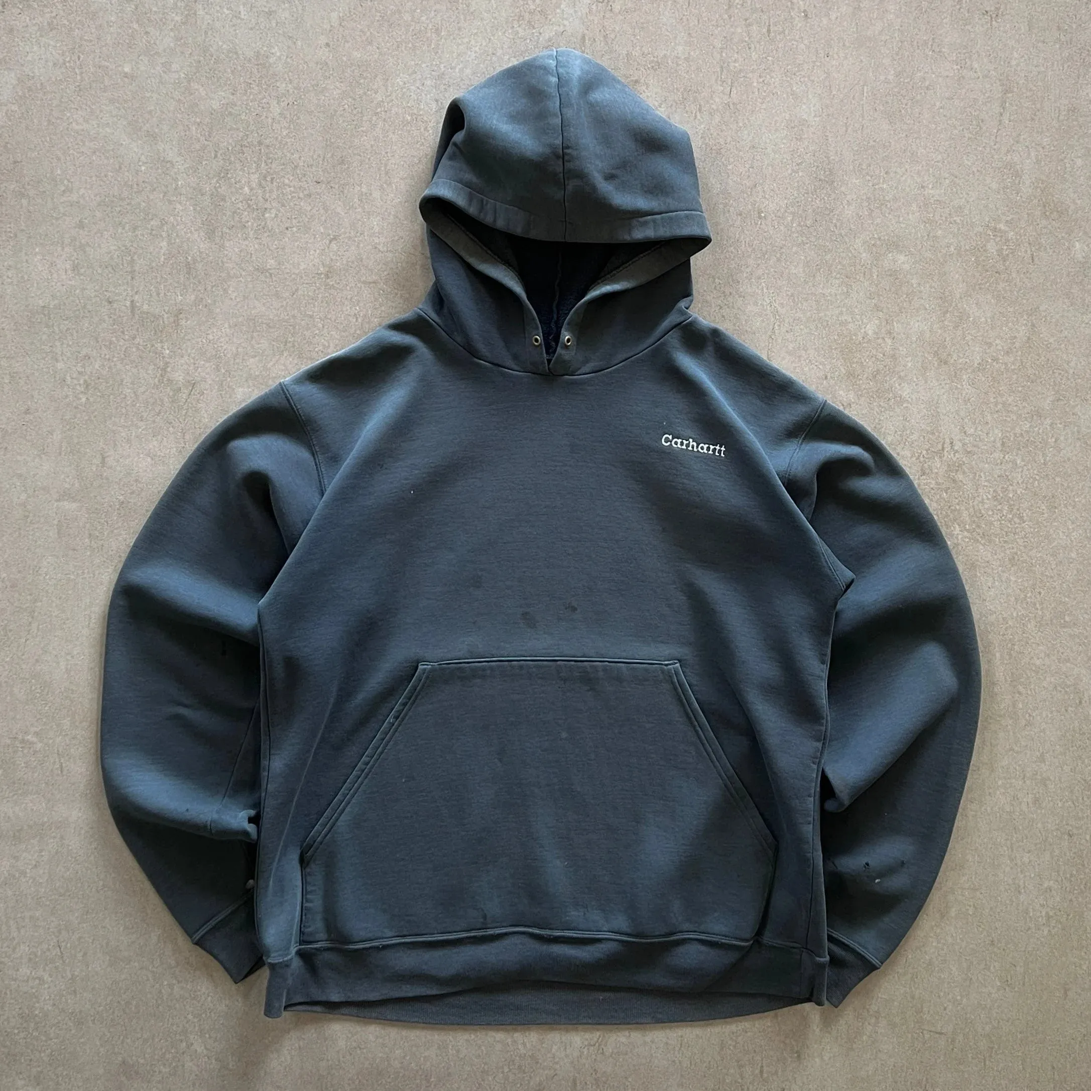 1990s Faded Blue Carhartt Script Logo Hoodie - L