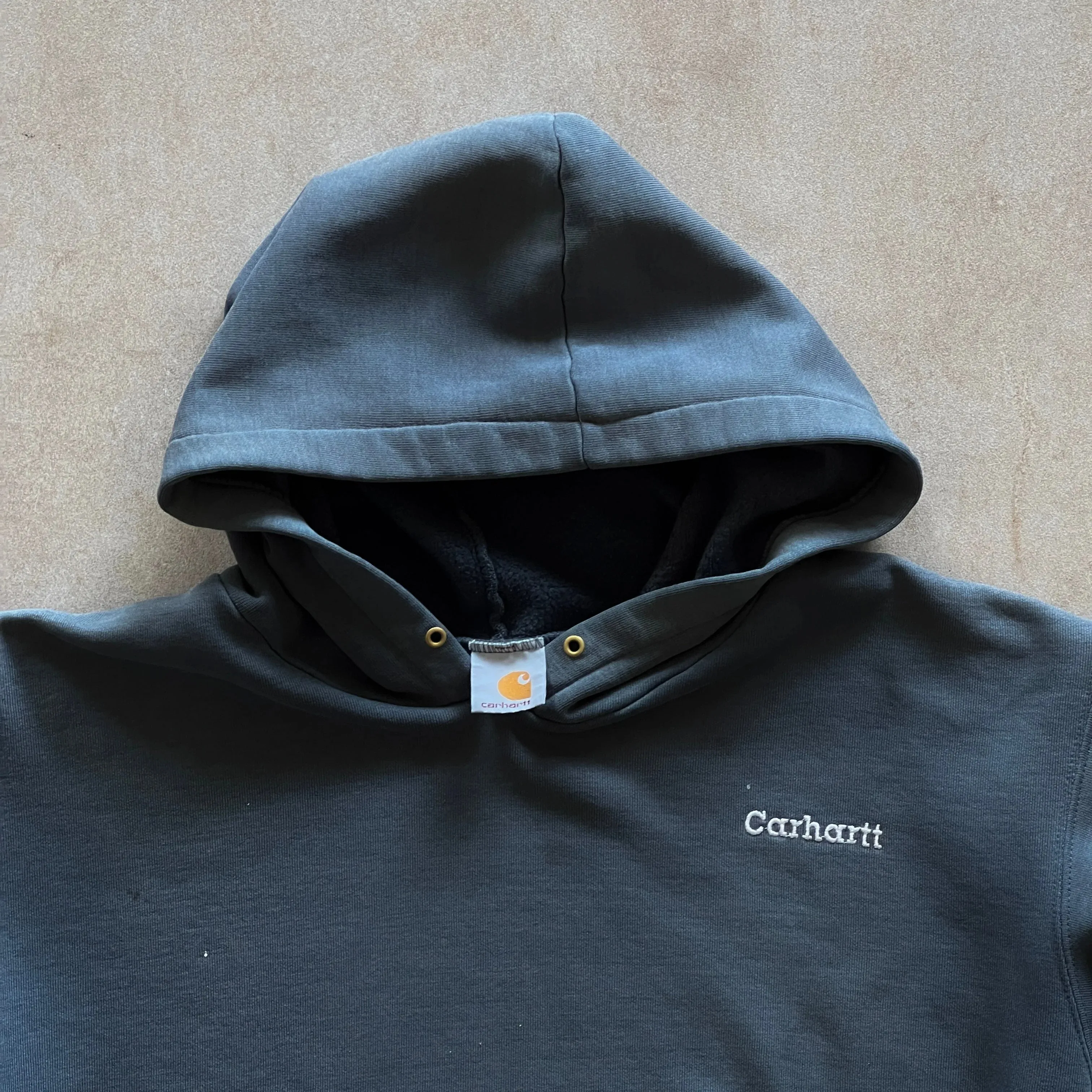 1990s Faded Blue Carhartt Script Logo Hoodie - L