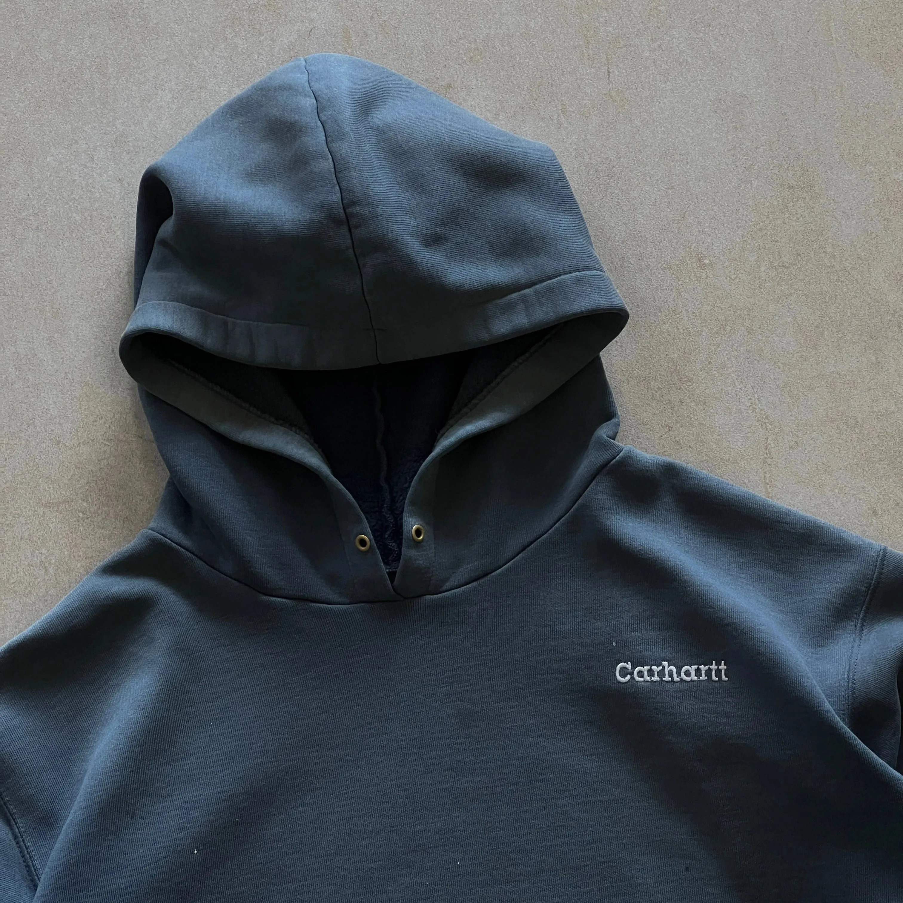 1990s Faded Blue Carhartt Script Logo Hoodie - L