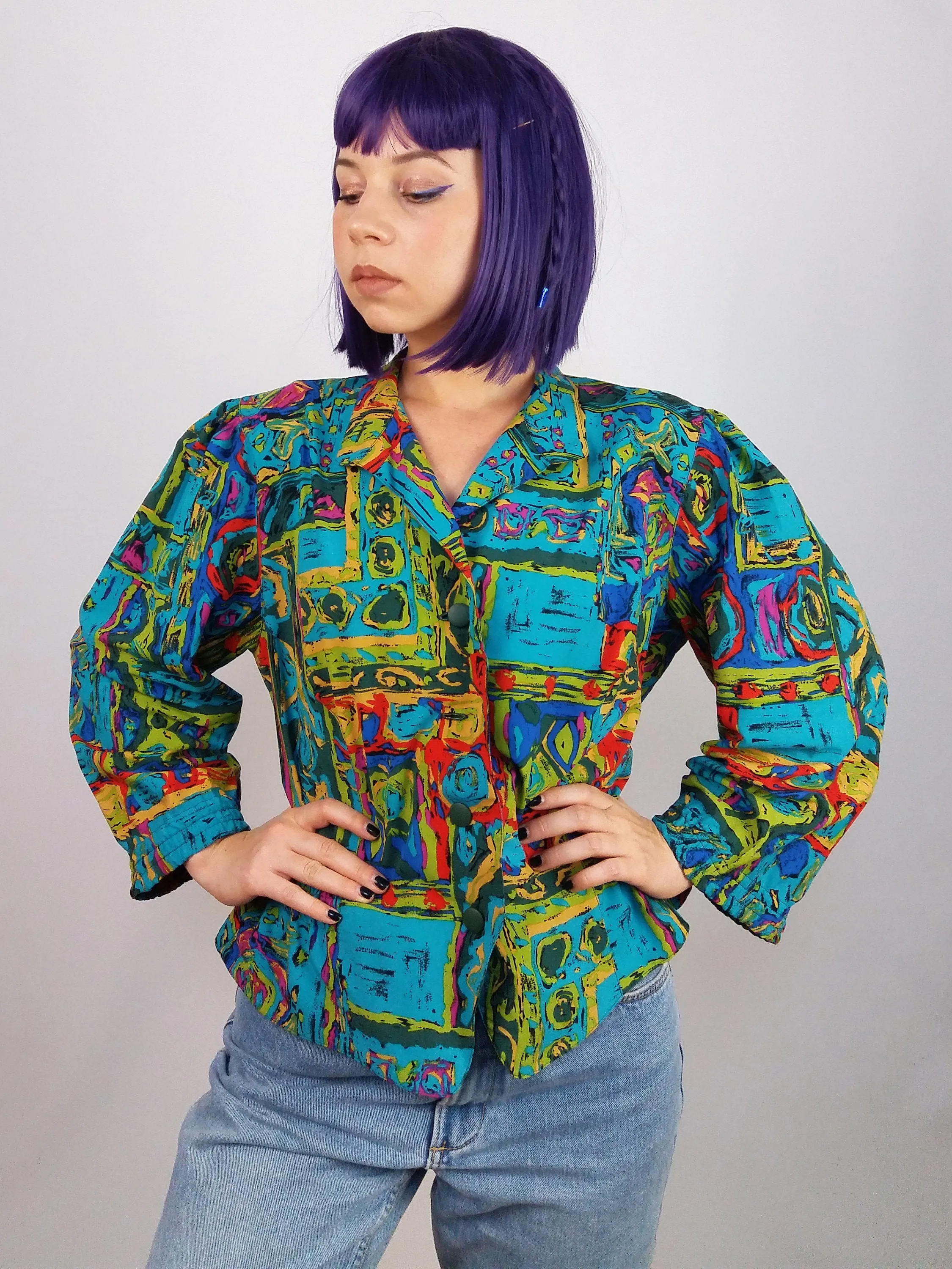 80s Blazer Blouse Abstract Print M-L