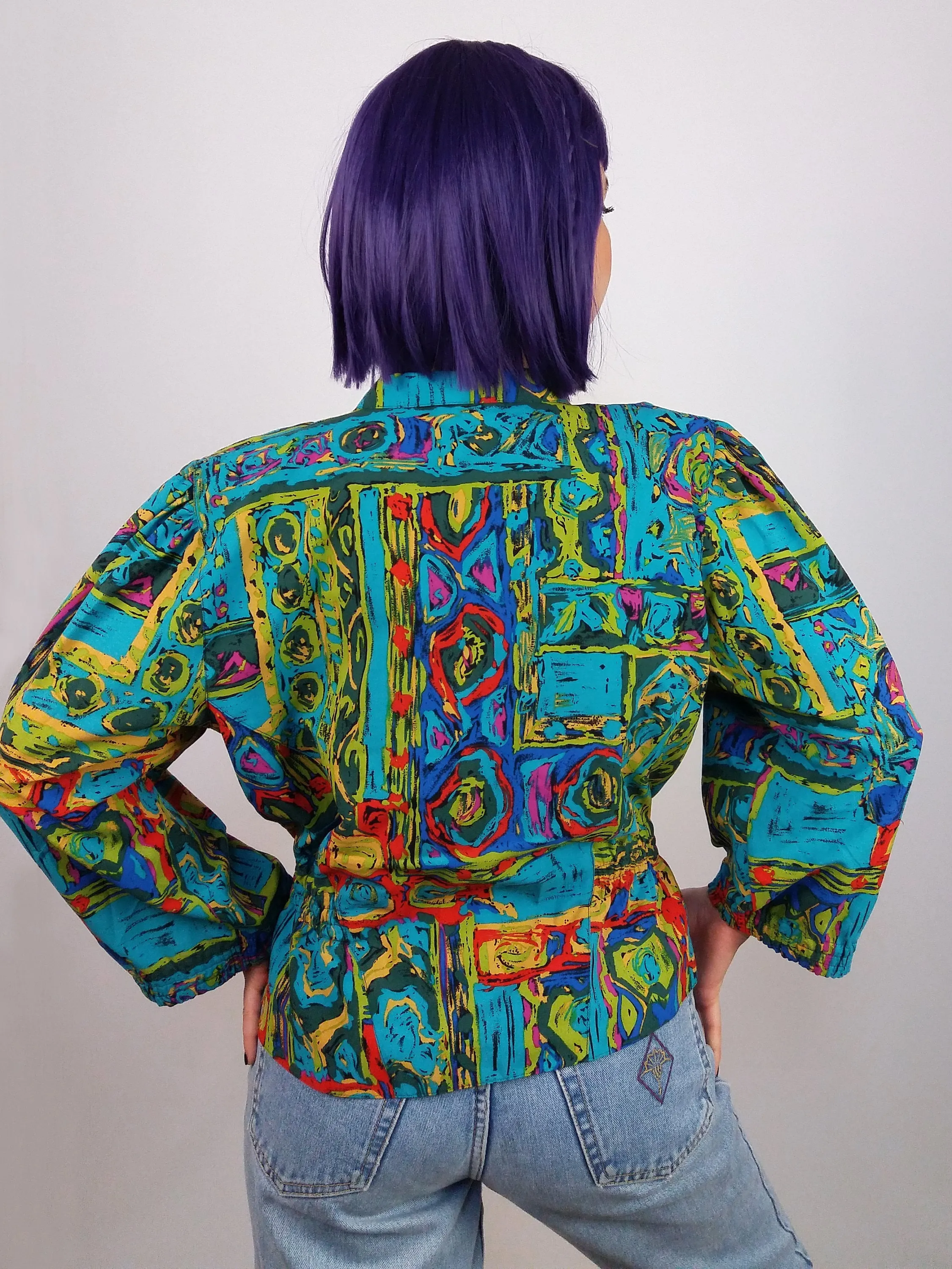 80s Blazer Blouse Abstract Print M-L