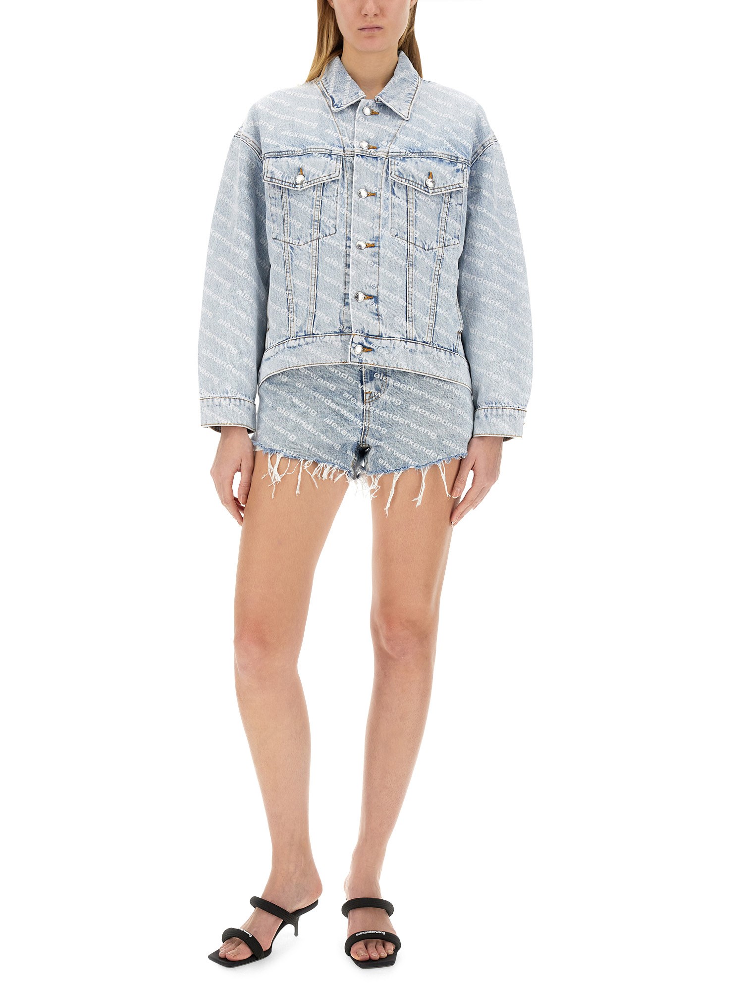 Alexander Wang cotton denim jacket with rounded shoulders and all over logo - Find Now