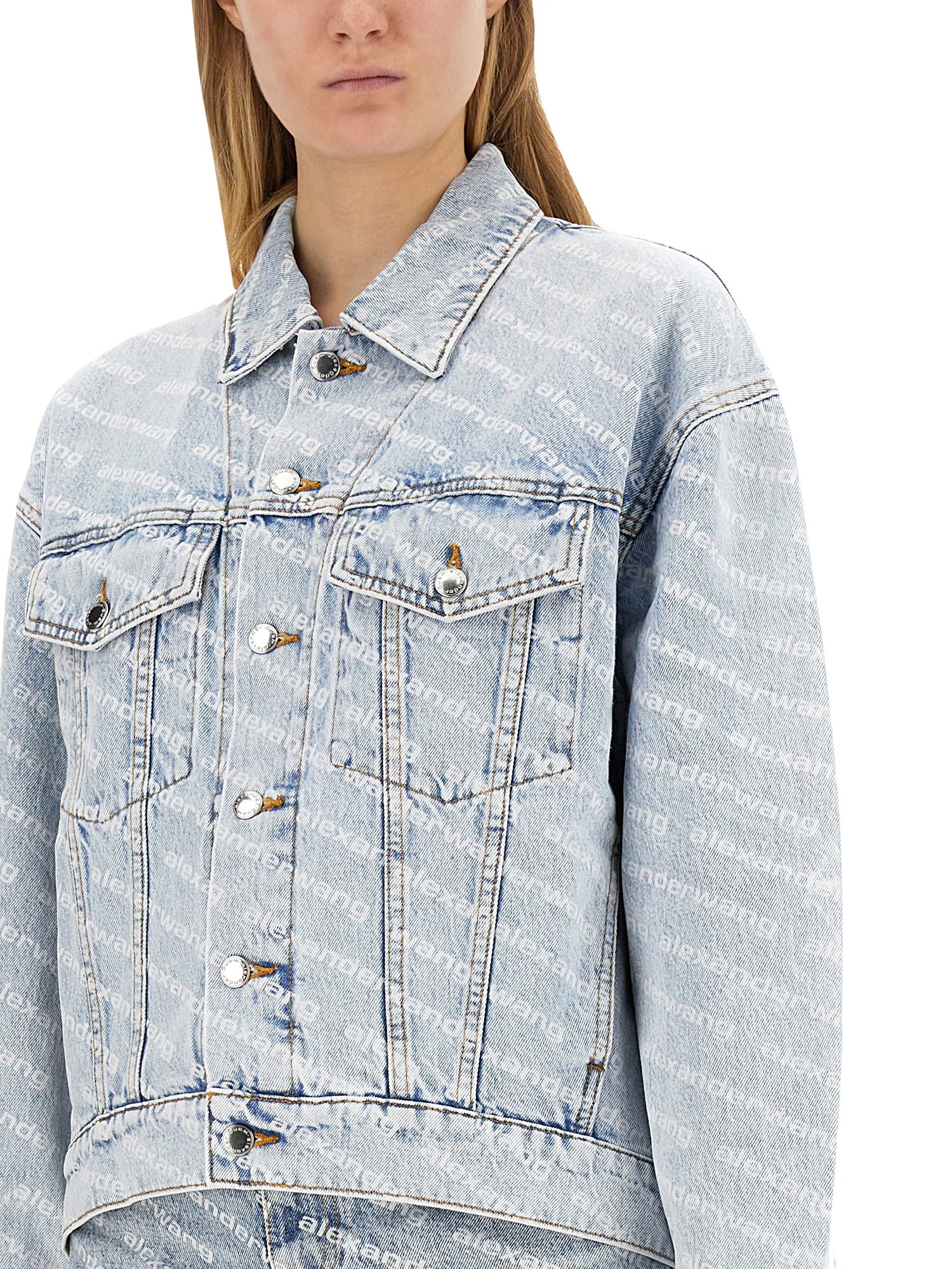 Alexander Wang cotton denim jacket with rounded shoulders and all over logo - Find Now