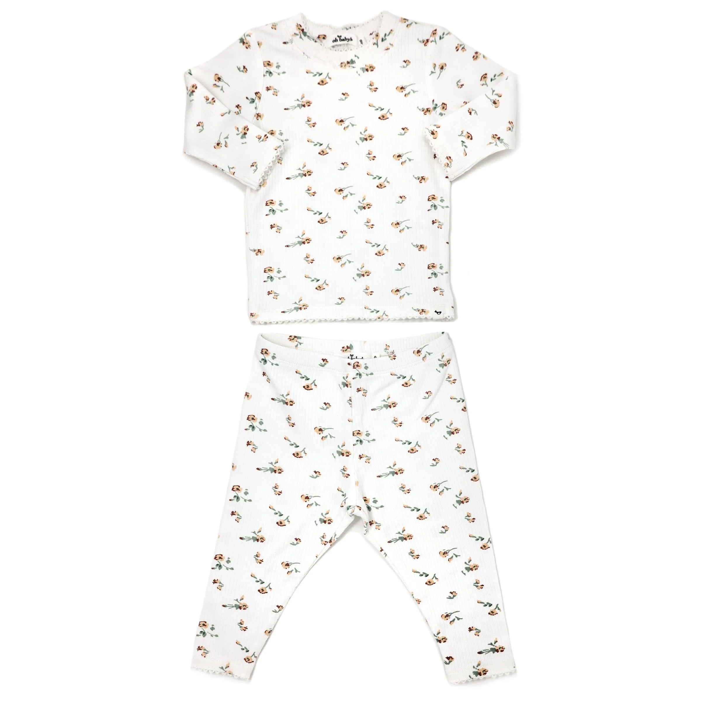 Baby two piece set - lettuce edge rib knit - scattered flowers - cream