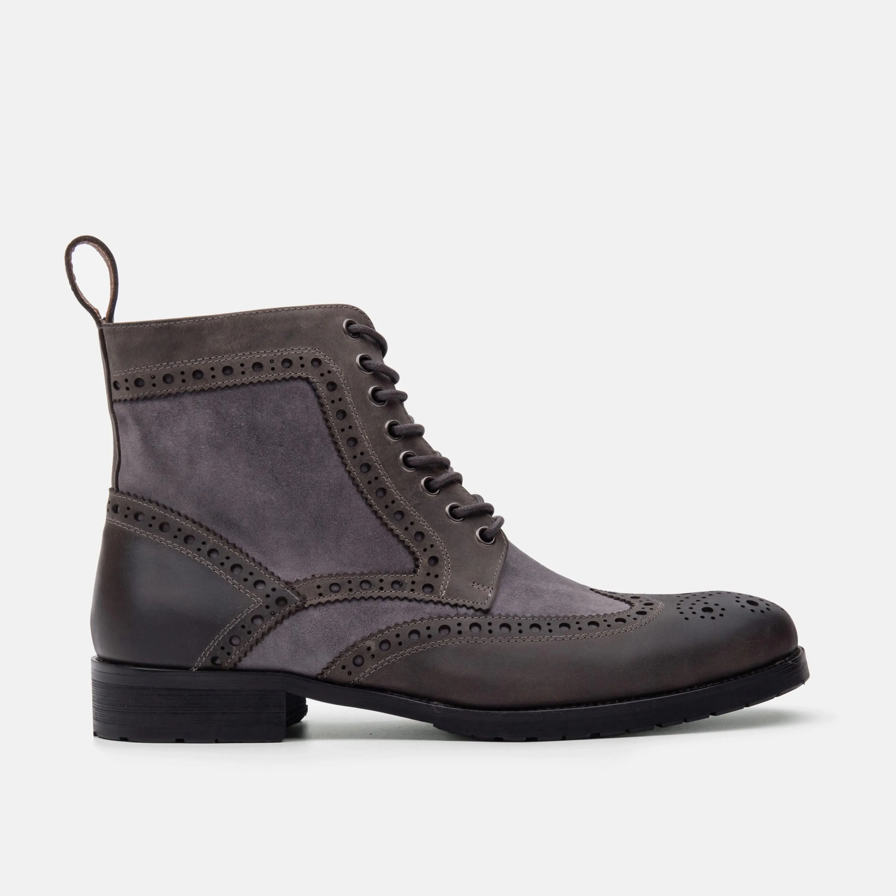 Belmont Grey Leather Wingtip Combat Boots