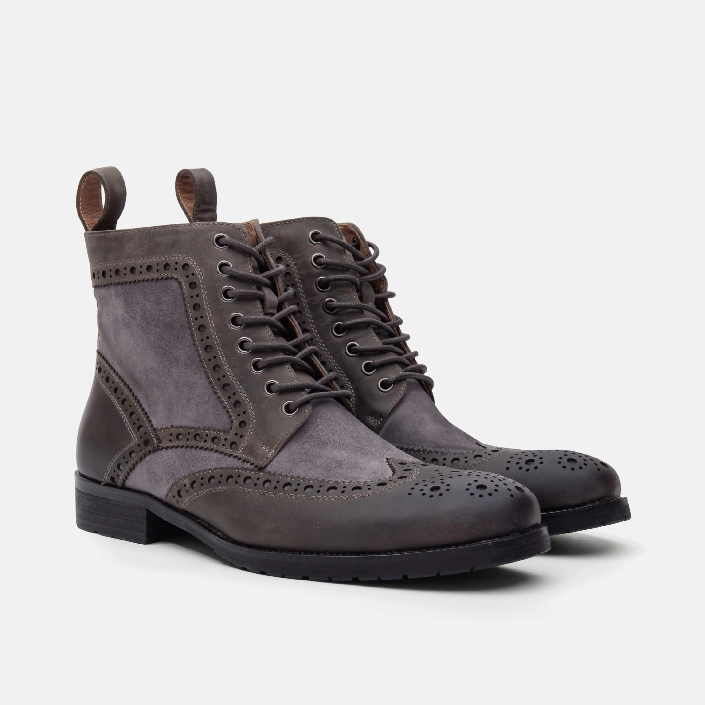 Belmont Grey Leather Wingtip Combat Boots