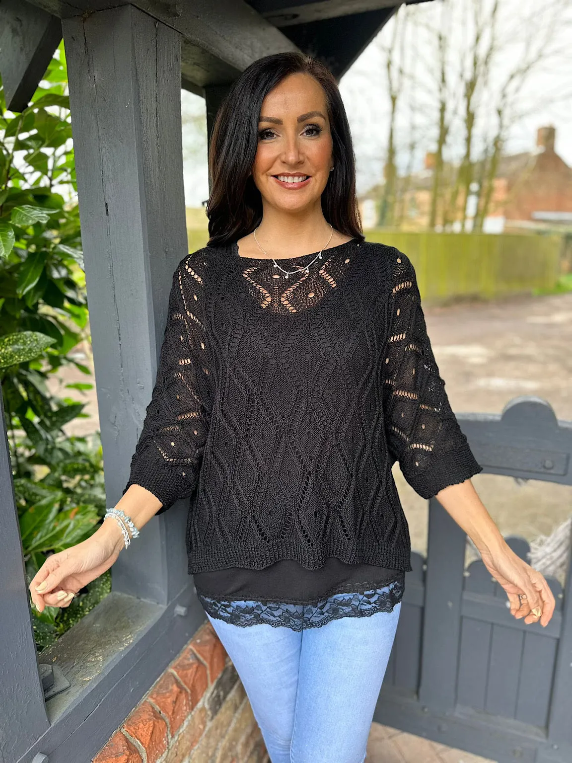 Black Crochet Patterned Batwing Knit Dolly - Google SEO friendly result: Black Crochet Patterned Batwing Sweater - Shop Now