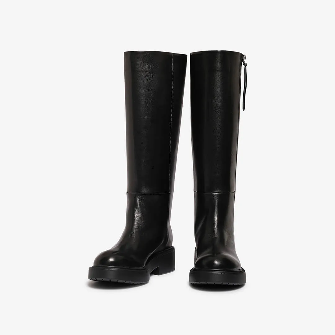 Black leather knee-high boots for women