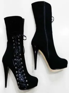 Black Suede Corset Style Mid Calf Boots