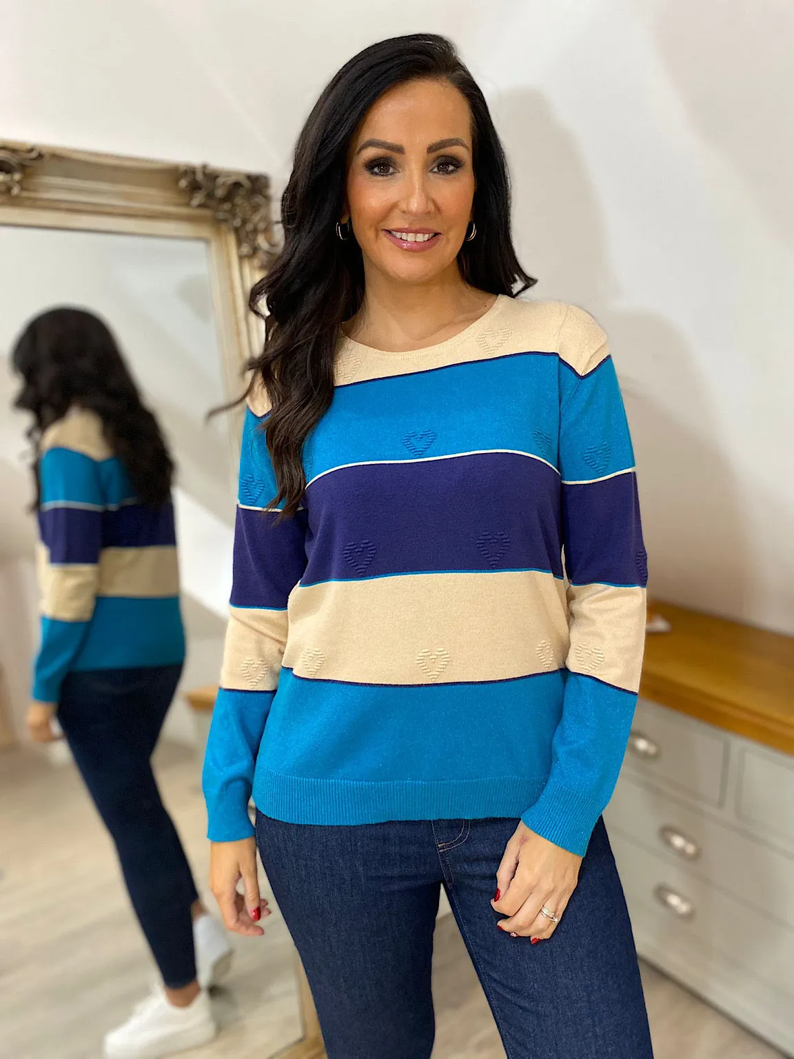 Blue Shimmer Stripe Heart Sweater Tammy