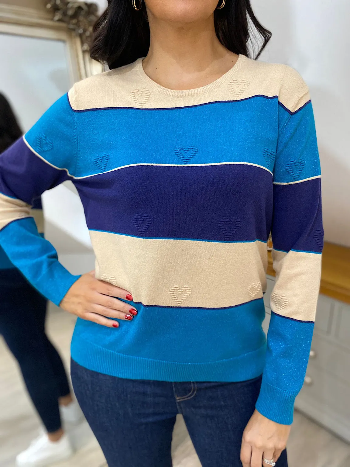 Blue Shimmer Stripe Heart Sweater Tammy