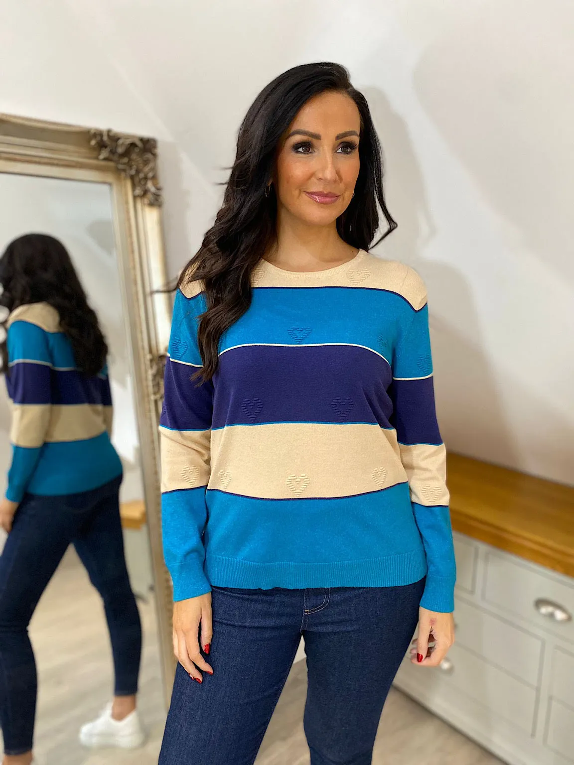 Blue Shimmer Stripe Heart Sweater Tammy