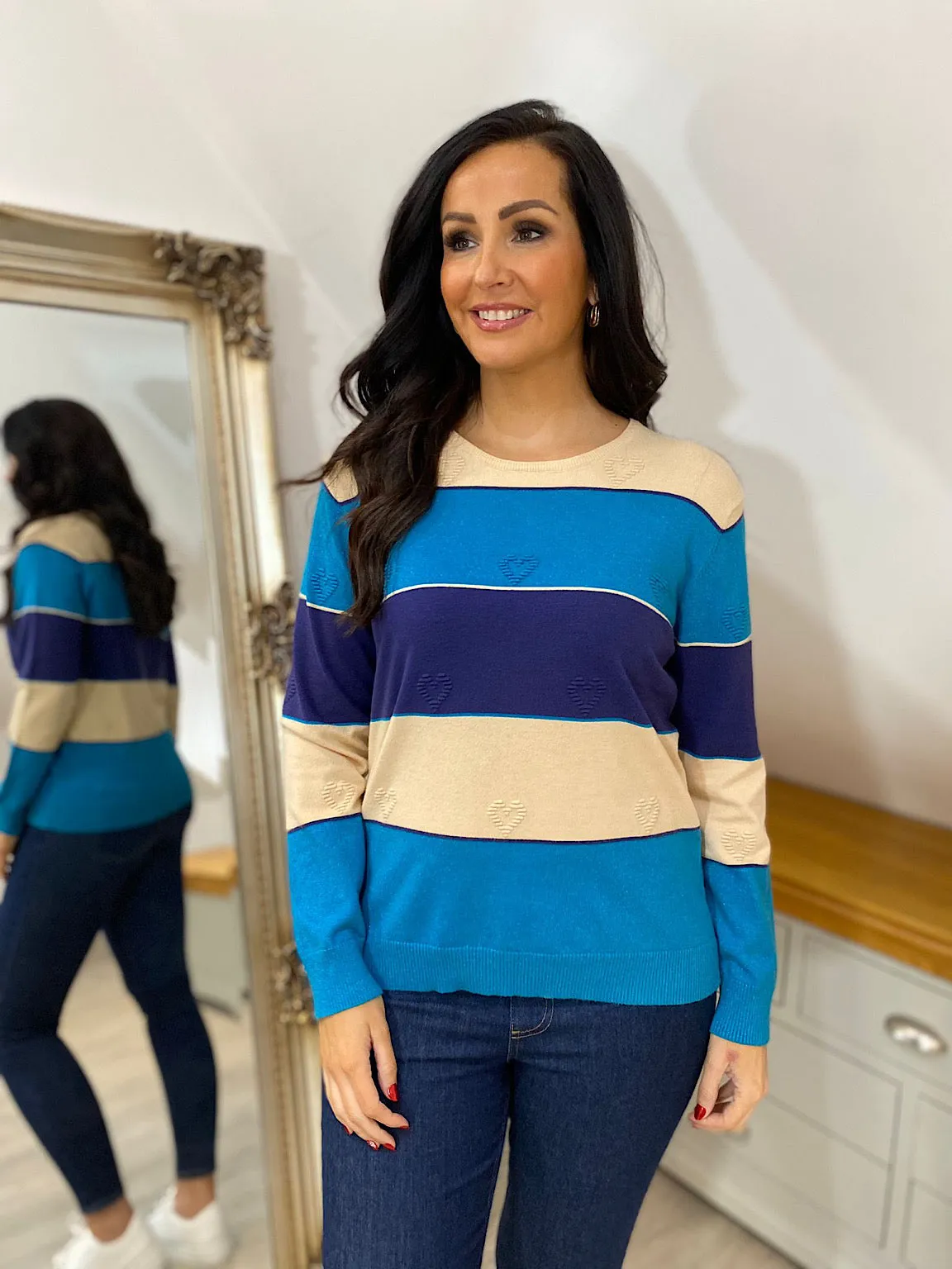 Blue Shimmer Stripe Heart Sweater Tammy