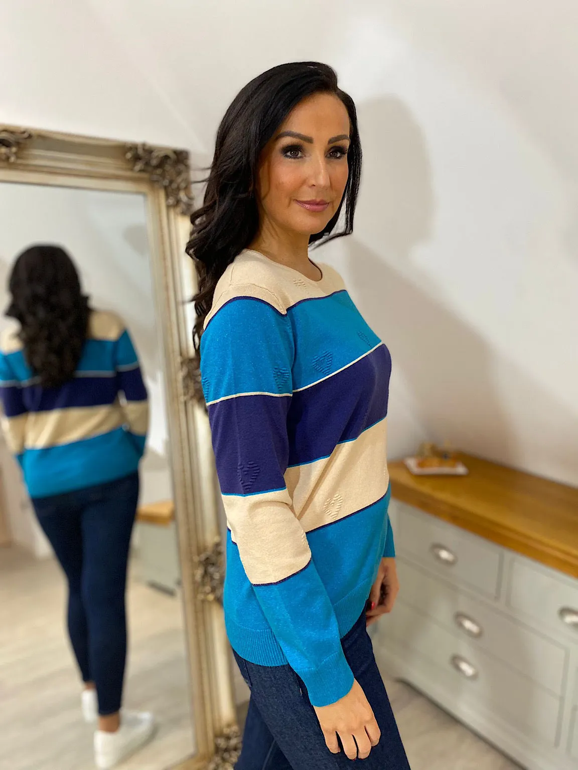 Blue Shimmer Stripe Heart Sweater Tammy