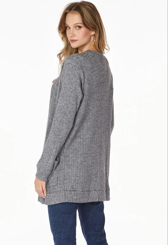 Bobi Charcoal Cardigan with Patch Pockets and Raglan Sleeves