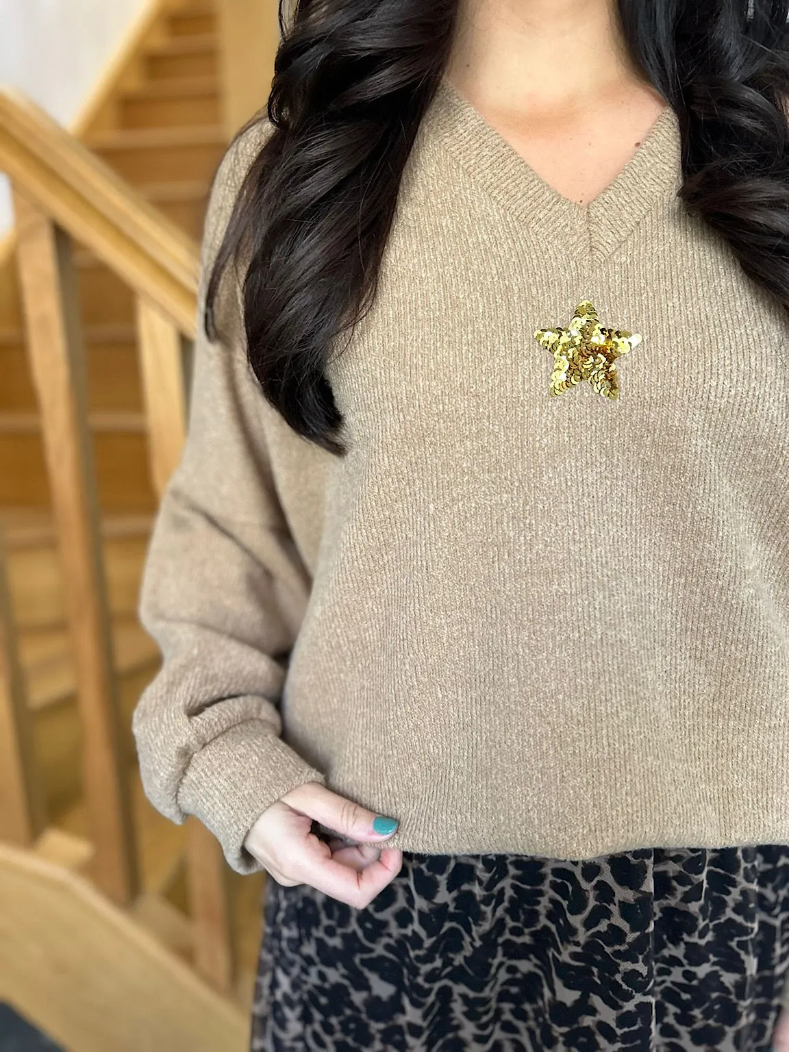 Camel Sequin Star Knit Kerry Sweater