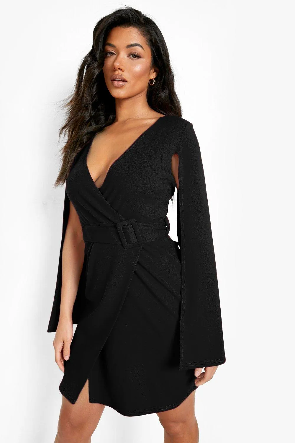 Cape Sleeve Detail Belted Blazer Dress