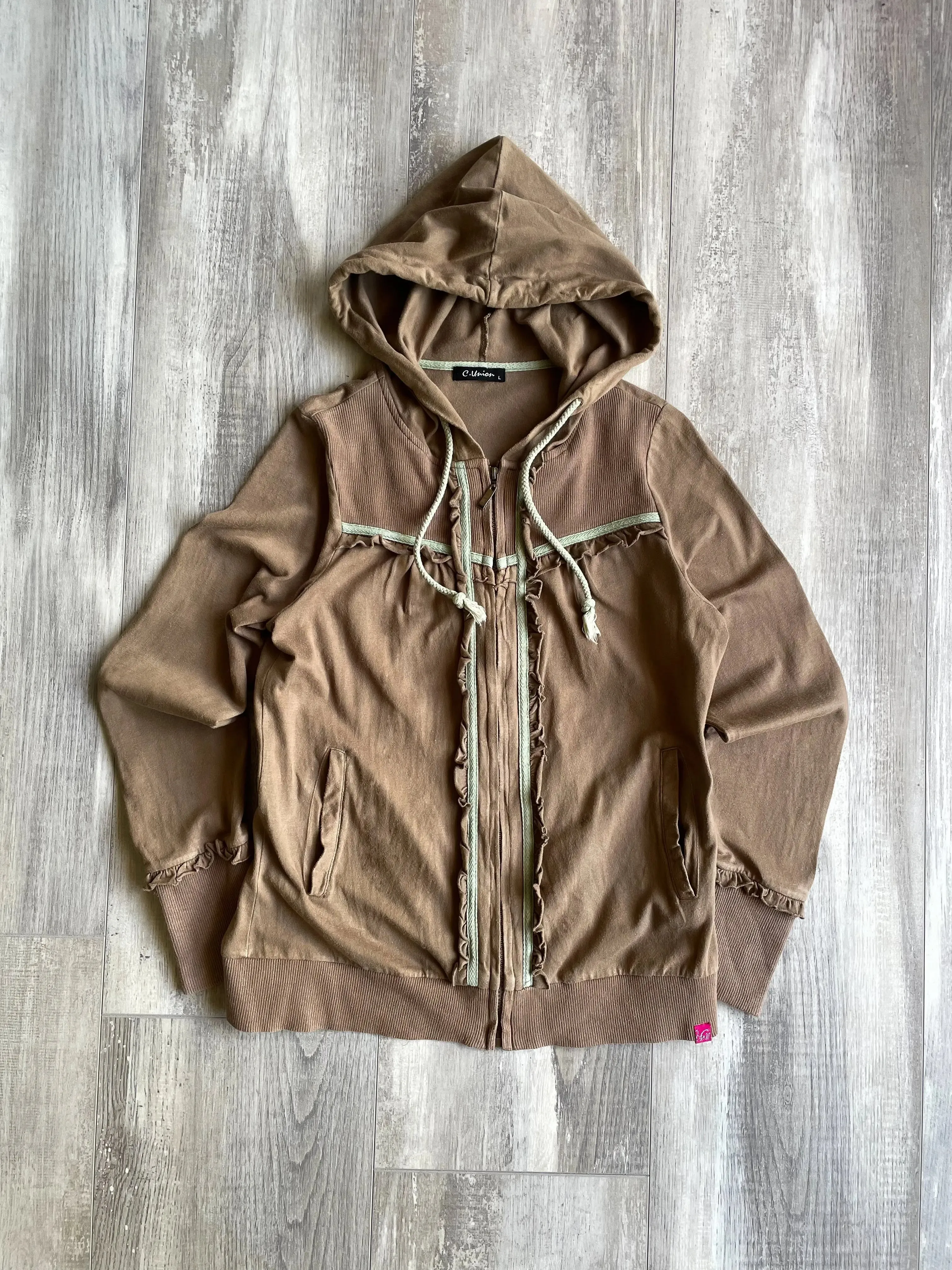 C.Union Y2K Brown Zip Up Hoodie - L