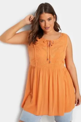 Curve Orange Embroidered Peplum Vest Top - YOURS Curve Featured Vest in Eye-Catching Orange with Beautiful Embroidered Details