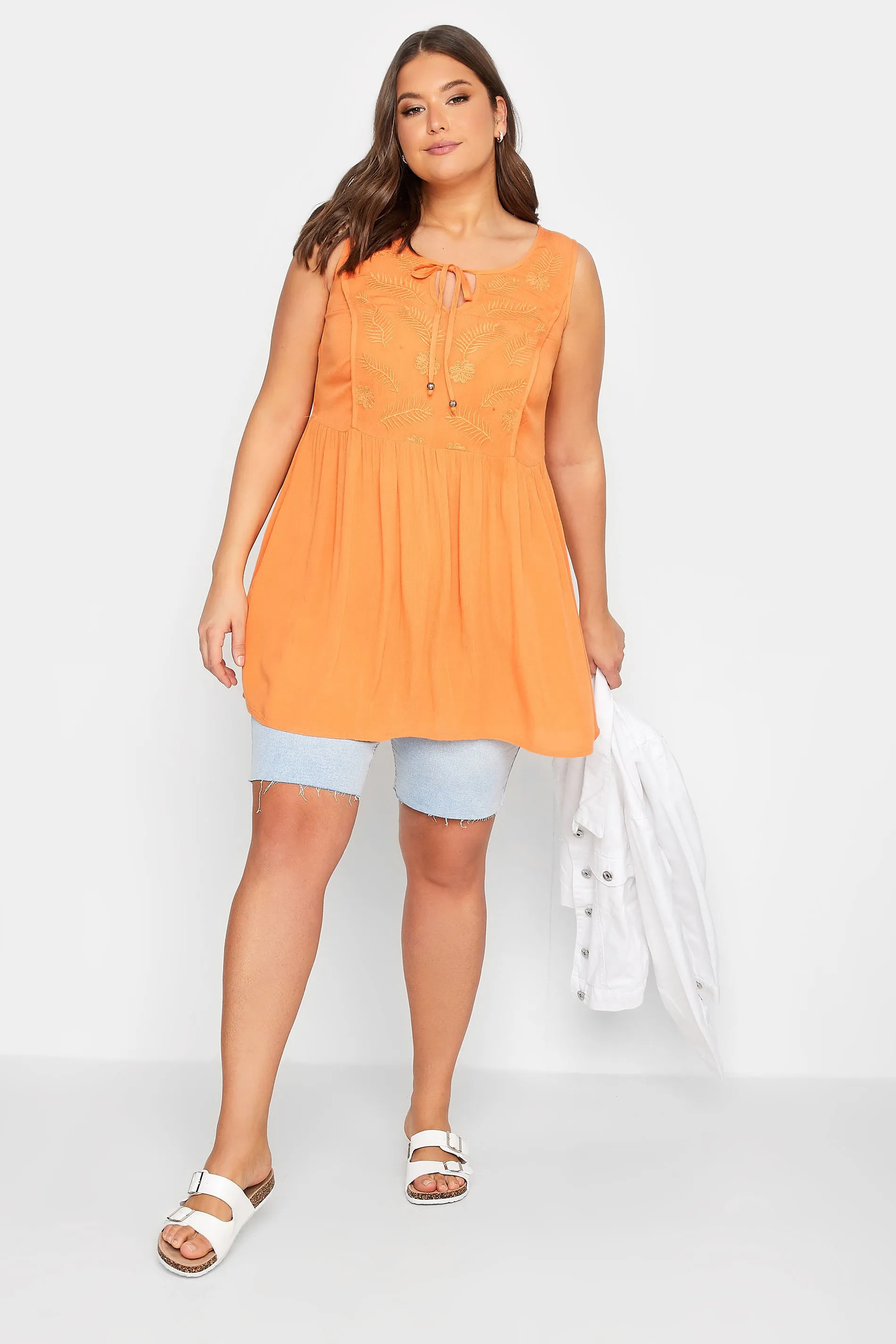 Curve Orange Embroidered Peplum Vest Top - YOURS Curve Featured Vest in Eye-Catching Orange with Beautiful Embroidered Details