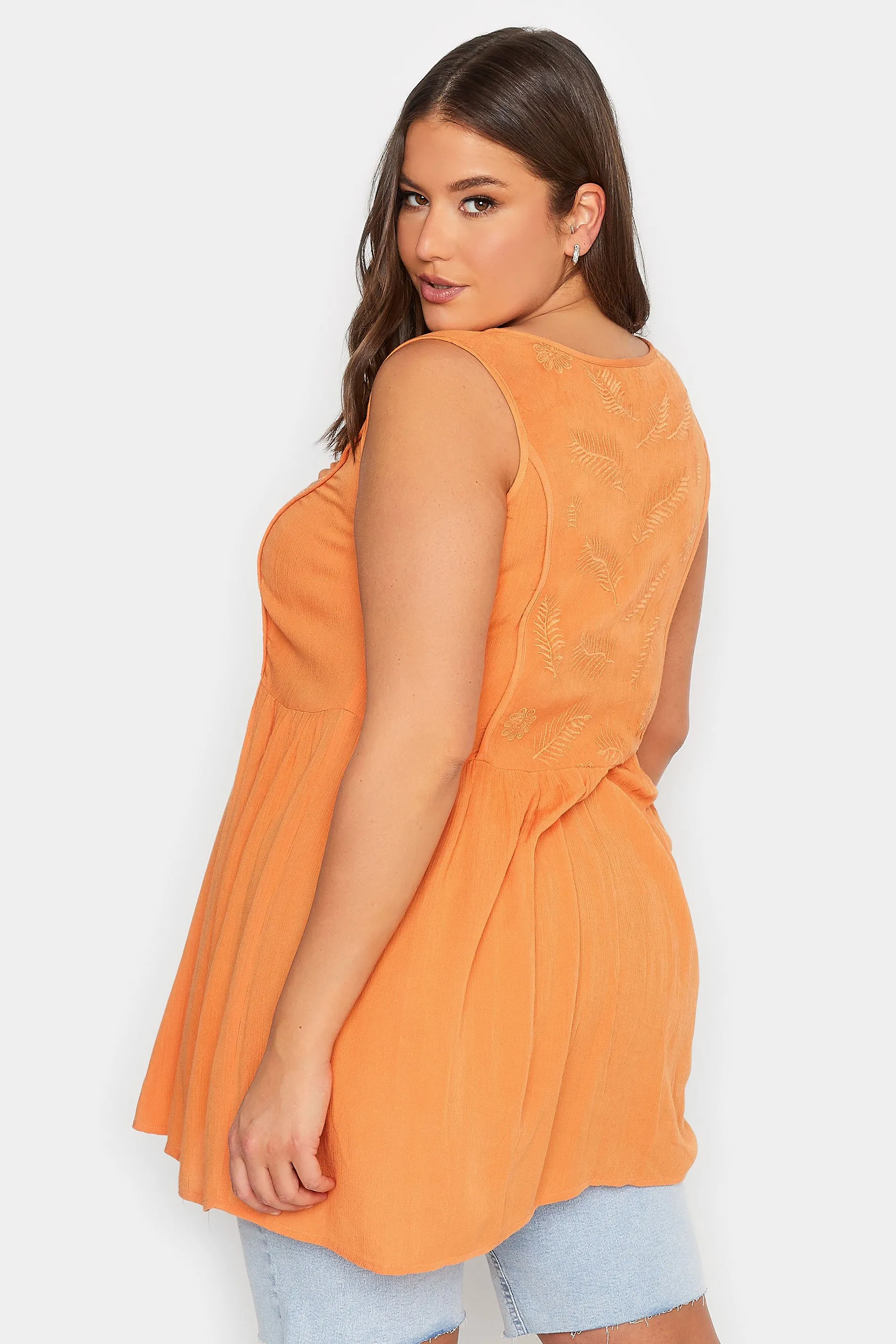 Curve Orange Embroidered Peplum Vest Top - YOURS Curve Featured Vest in Eye-Catching Orange with Beautiful Embroidered Details