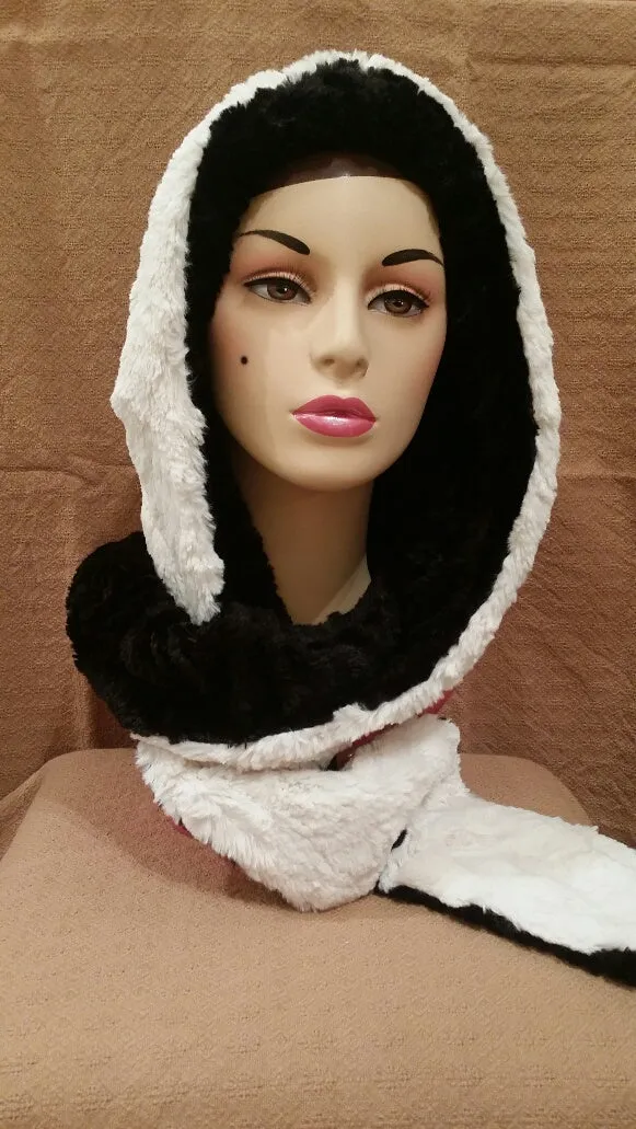 Cute Black and Ivory Faux Fur Hooded Scarf