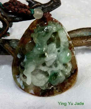 Deer Bat and Peach Carving Pendant - Vintage Jadeite - BJP-891