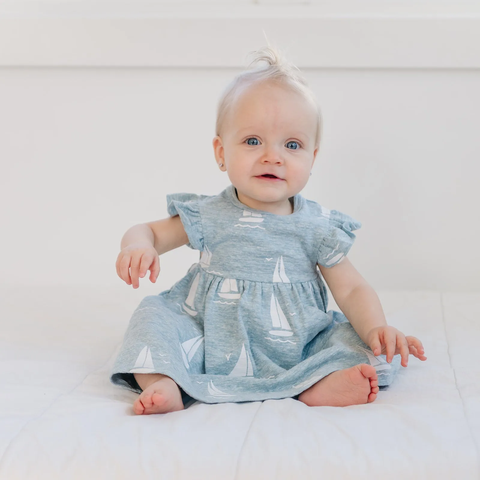 Flutter Tank Dress - White Sailboat Print - Fog Heather