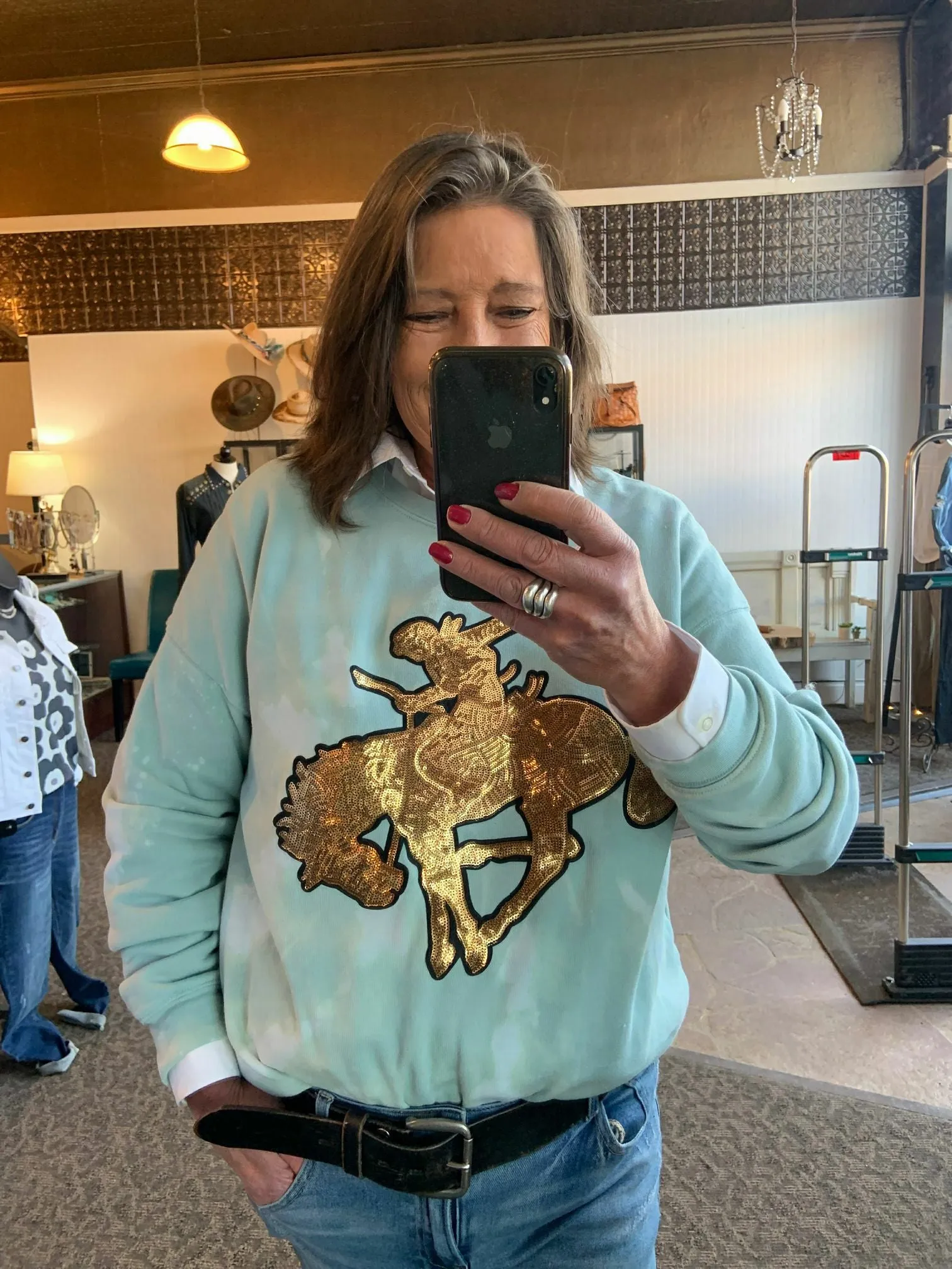 Gold sequin bronc bleached sweatshirt - small to 2X.