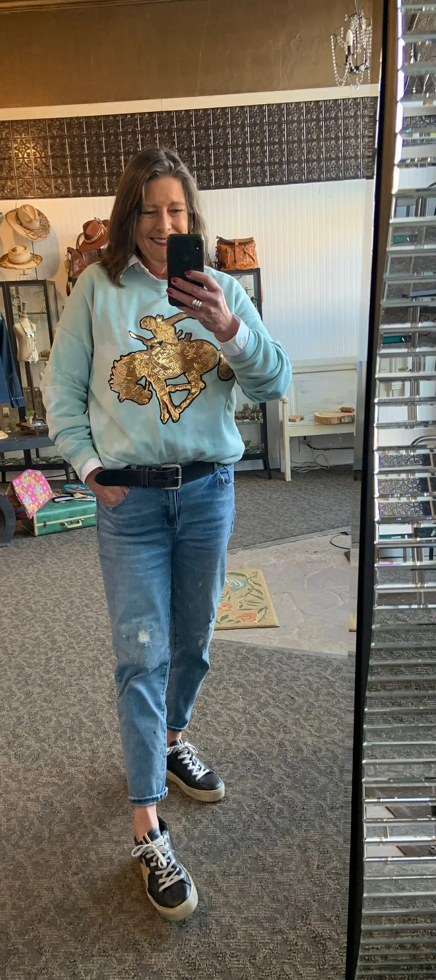 Gold sequin bronc bleached sweatshirt - small to 2X.