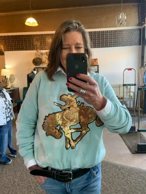 Gold sequin bronc bleached sweatshirt - small to 2X.