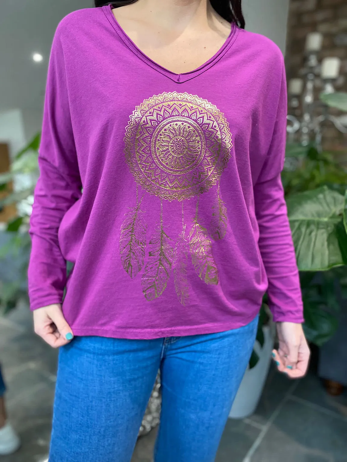 Grape V Neck Top with Dream Catcher Design in Raven Color