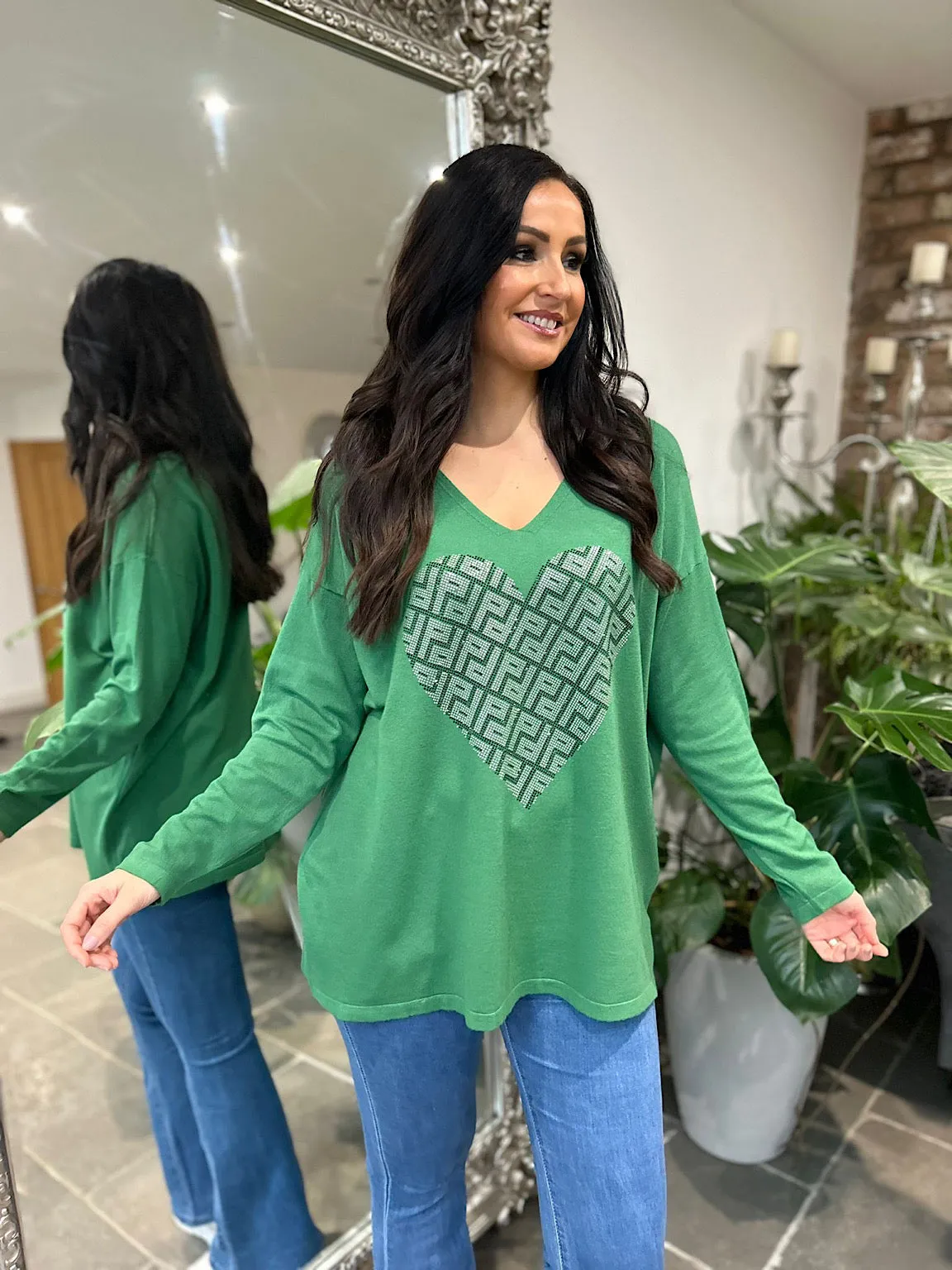 Green Diamante Heart Knit Gail - Online shop for trendy knitted gail with a beautiful green color and diamond heart design.