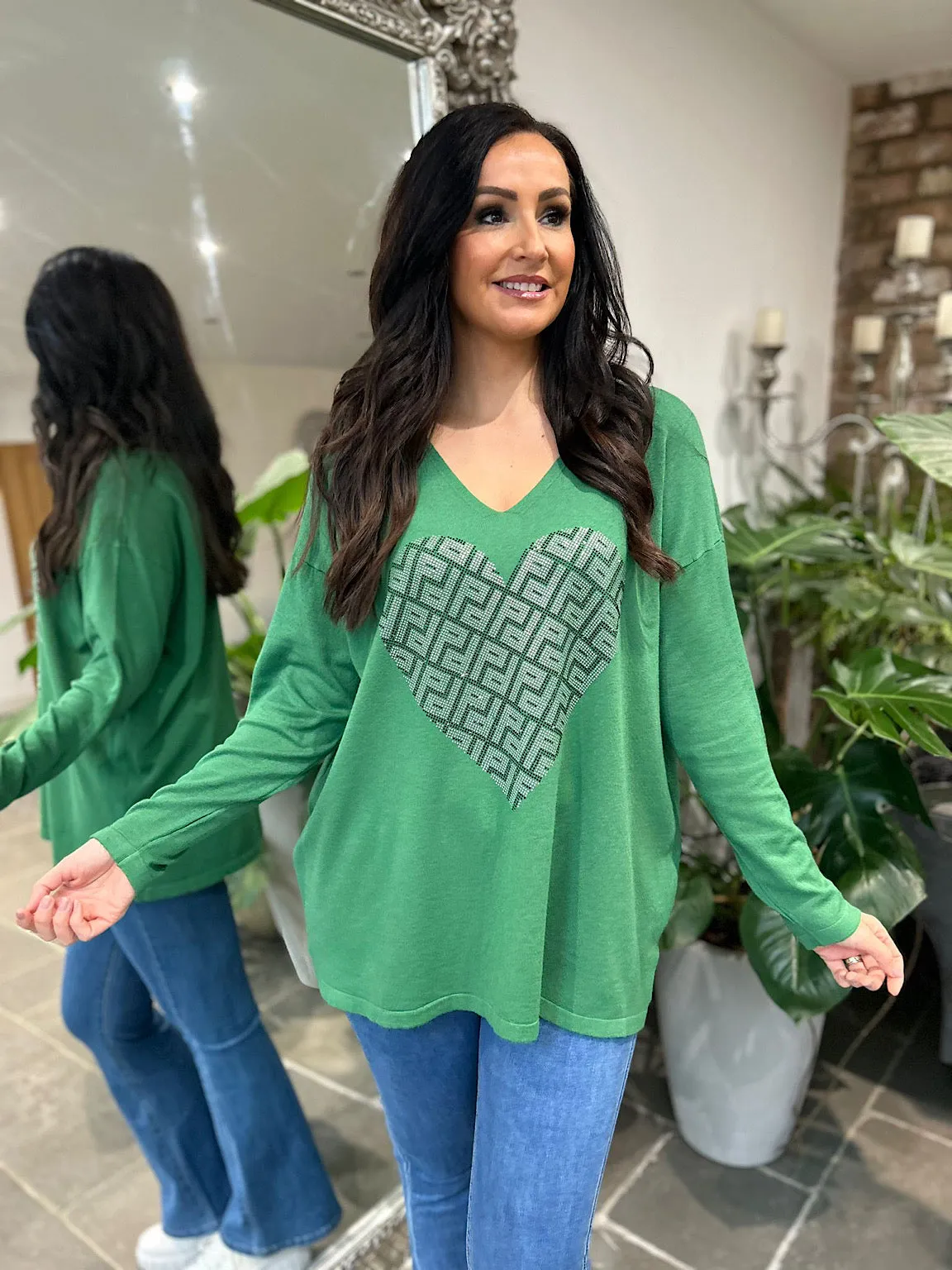 Green Diamante Heart Knit Gail - Online shop for trendy knitted gail with a beautiful green color and diamond heart design.