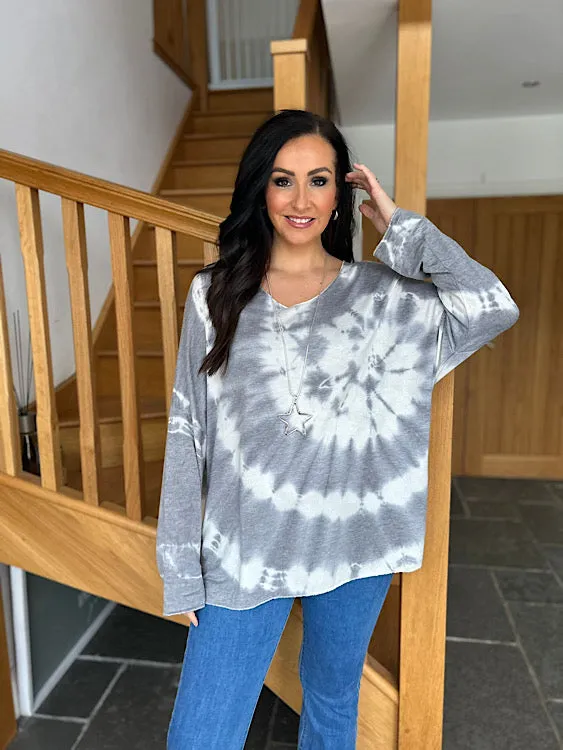 Grey Tie Dye Knit V Neck Sandra