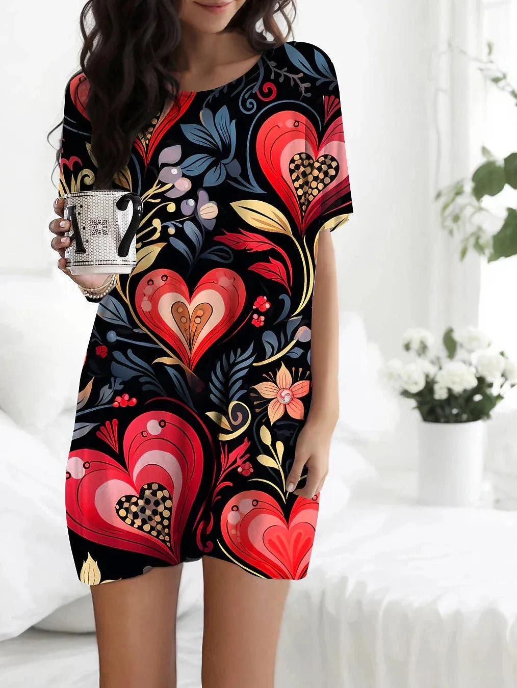 Heart Print Fleece Nightgown Set with Hooded Cardigan