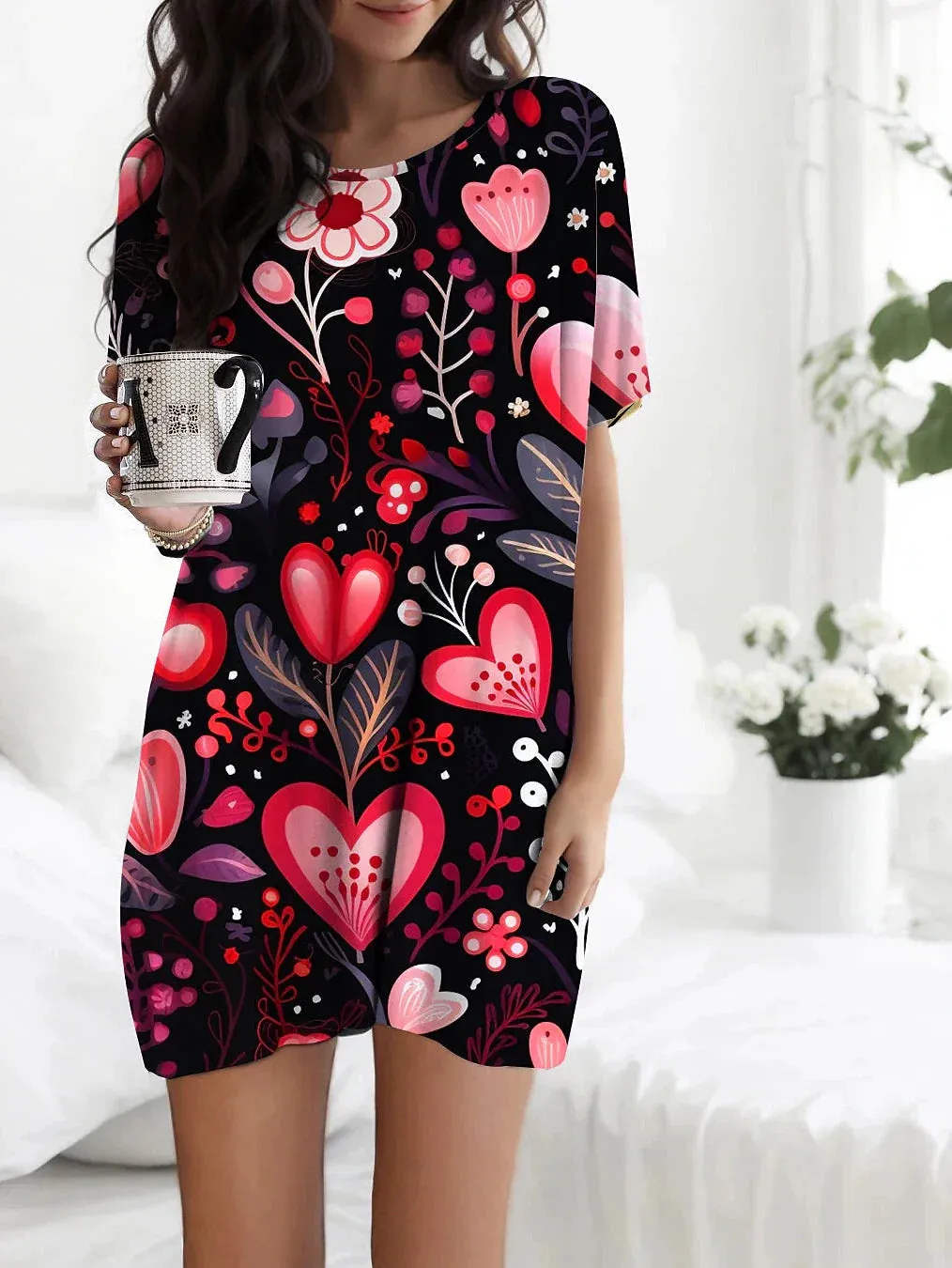 Heart Print Fleece Nightgown Set with Hooded Cardigan