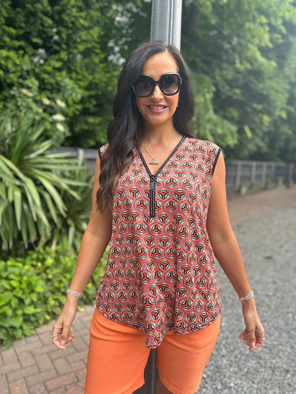 Hexagonal Patterned Zip Vest Top Cassie - Orange