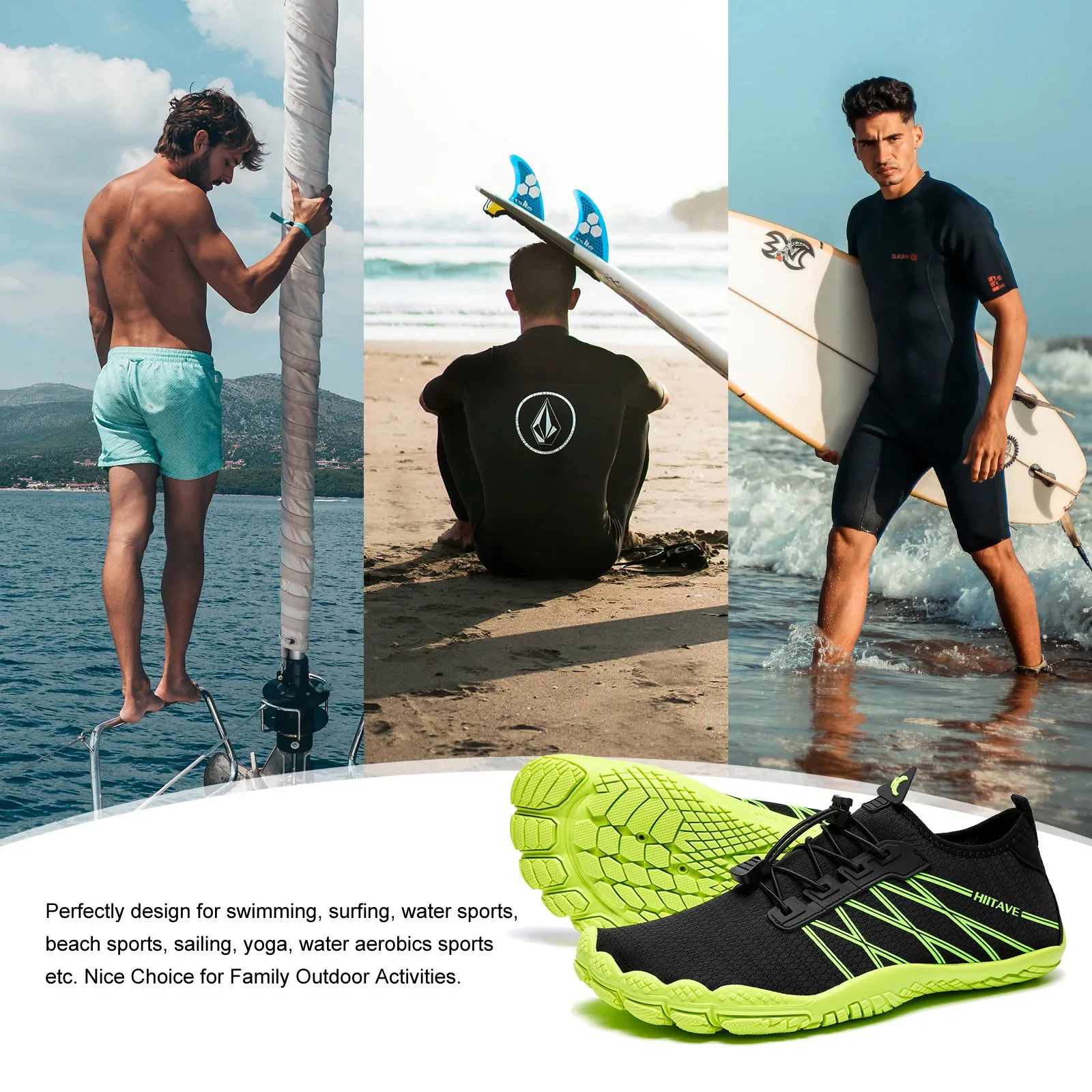 Hiitave Men Barefoot Water Shoes Aqua Socks - Quick Dry for Outdoor Sport, Hiking, Swimming, Surfing - Beach Footwear