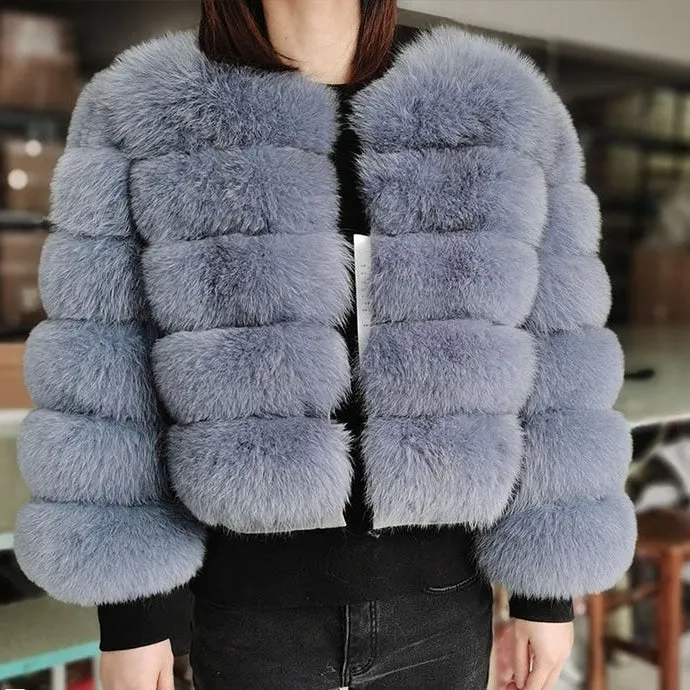 Luxury Light Blue Grey Natural Fox Raccoon Fur Leather Jacket for Women