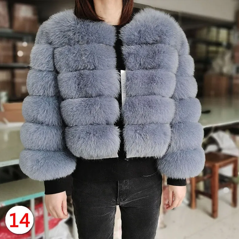 Luxury Light Blue Grey Natural Fox Raccoon Fur Leather Jacket for Women