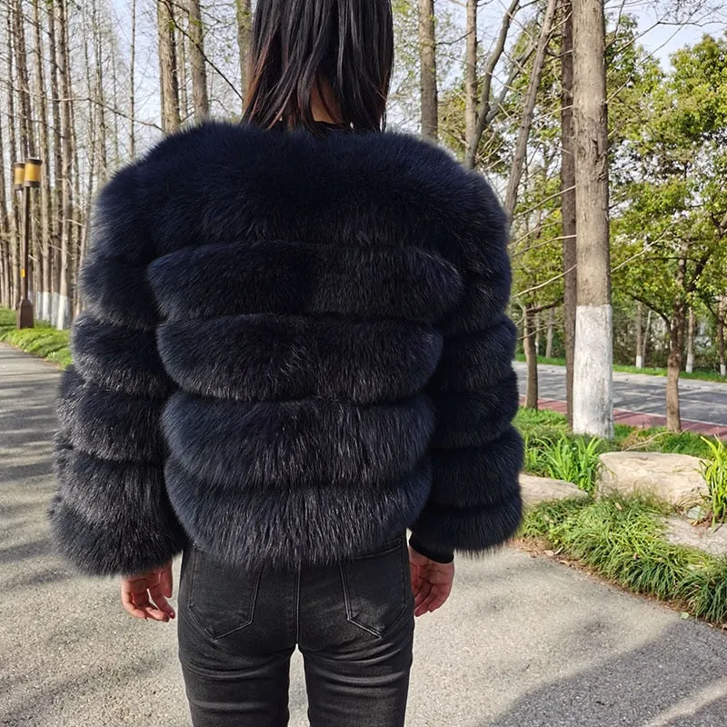 Luxury Light Blue Grey Natural Fox Raccoon Fur Leather Jacket for Women