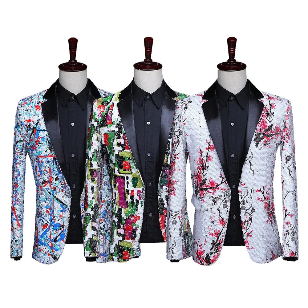 Luxury Men's Shiny Sequin Floral Slim Wedding Party Singer Jacket