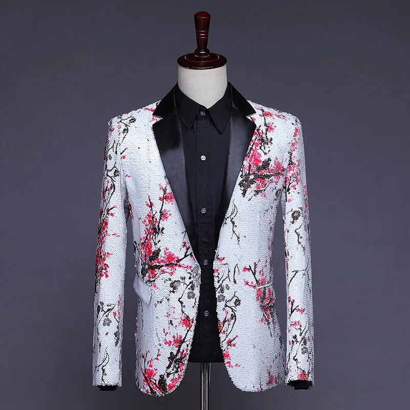 Luxury Men's Shiny Sequin Floral Slim Wedding Party Singer Jacket