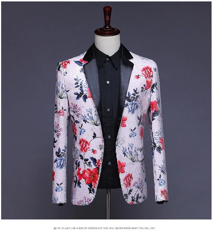 Luxury Men's Shiny Sequin Floral Slim Wedding Party Singer Jacket