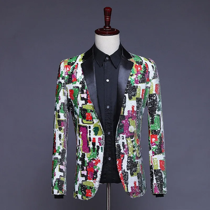 Luxury Men's Shiny Sequin Floral Slim Wedding Party Singer Jacket