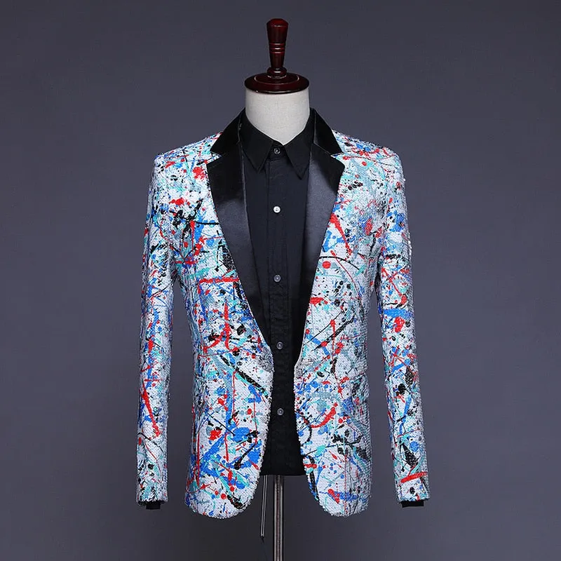 Luxury Men's Shiny Sequin Floral Slim Wedding Party Singer Jacket