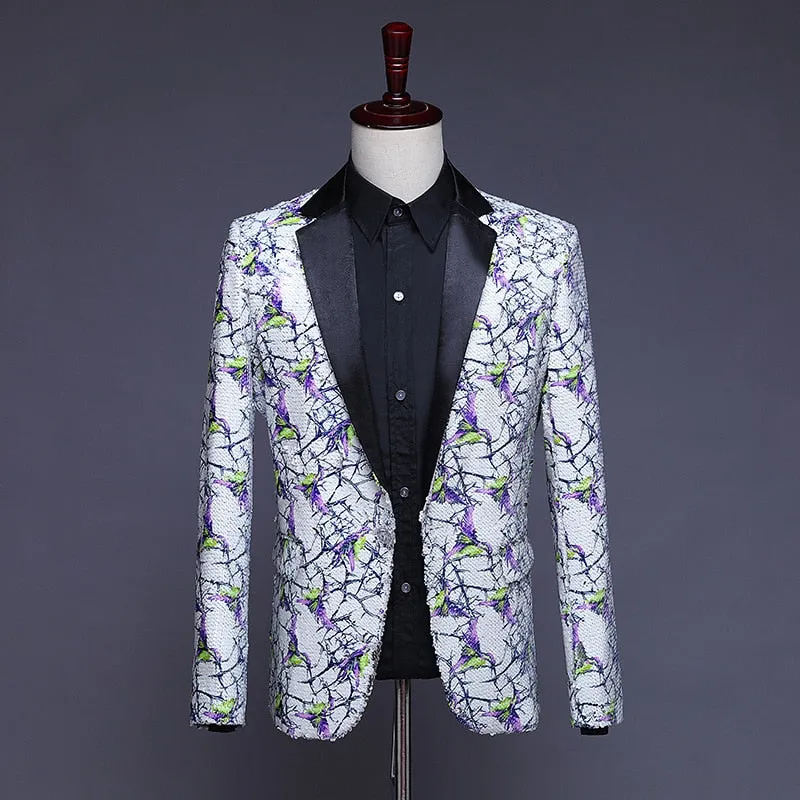 Luxury Men's Shiny Sequin Floral Slim Wedding Party Singer Jacket