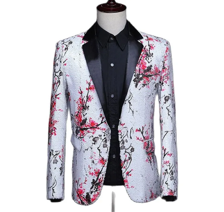 Luxury Men's Shiny Sequin Floral Slim Wedding Party Singer Jacket