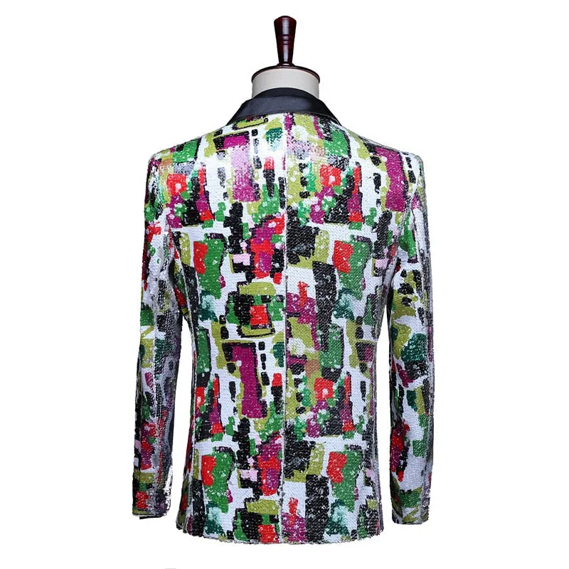 Luxury Men's Shiny Sequin Floral Slim Wedding Party Singer Jacket